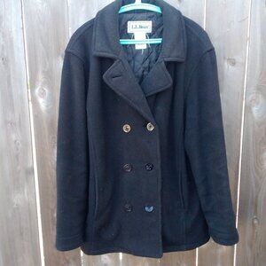 LL Bean peacoat jacket fleece black anchor buttons womens medium nautical preppy